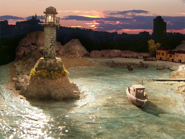 maquette décors thème de la mer, petit port pitoresque de nuit, en polystirène, blasa et acrylique